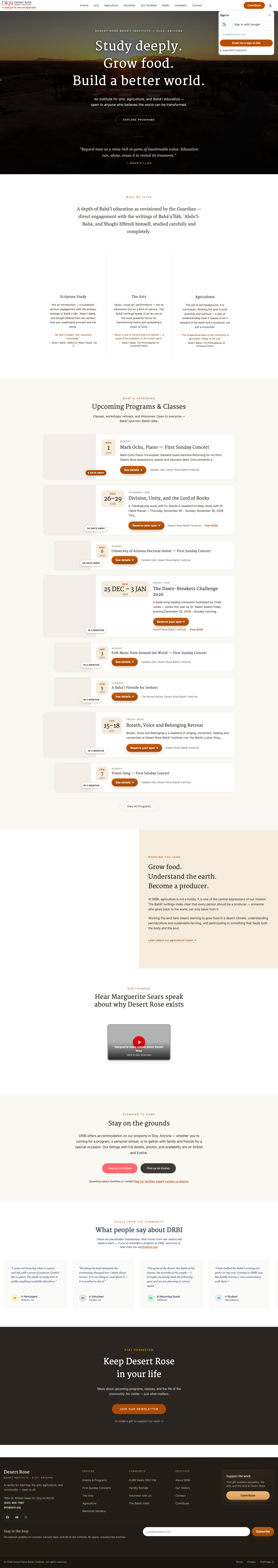 Desert Rose Bahá'í Institute homepage, showing the sunset hero, three program pillars, an upcoming programs list, the founder video, lodging, testimonials and the newsletter signup