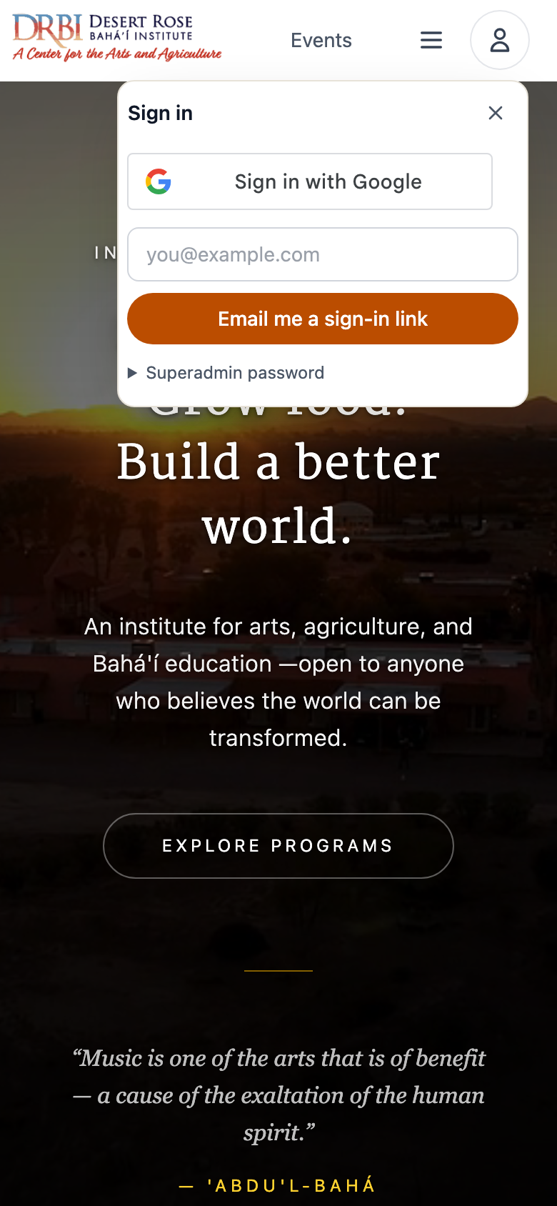 Desert Rose Bahá'í Institute homepage on a phone, with a sign-in panel covering the top of the headline
